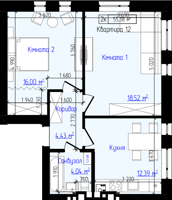 2-комнатная 55.38 м² в ЖК Viking Home от 19 000 грн/м², г. Ирпень