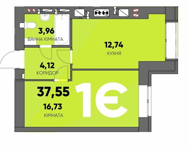 1-кімнатна 37.55 м² в ЖК Continent Ray від 25 200 грн/м², м. Буча