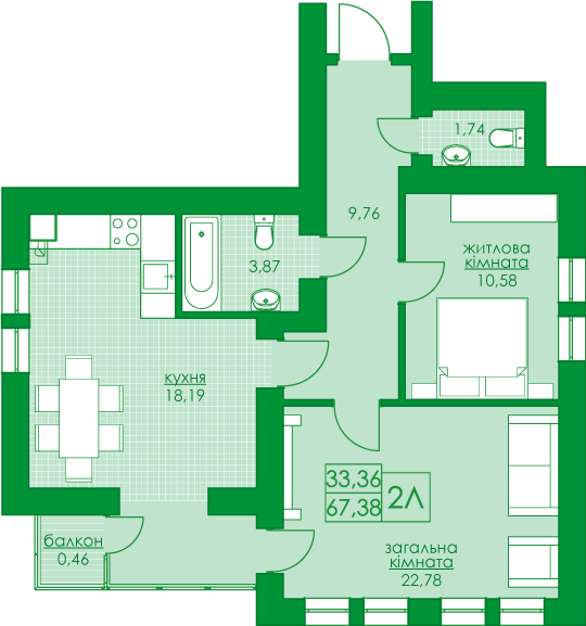 2-кімнатна 67.38 м² в ЖК Київський від 19 600 грн/м², м. Буча