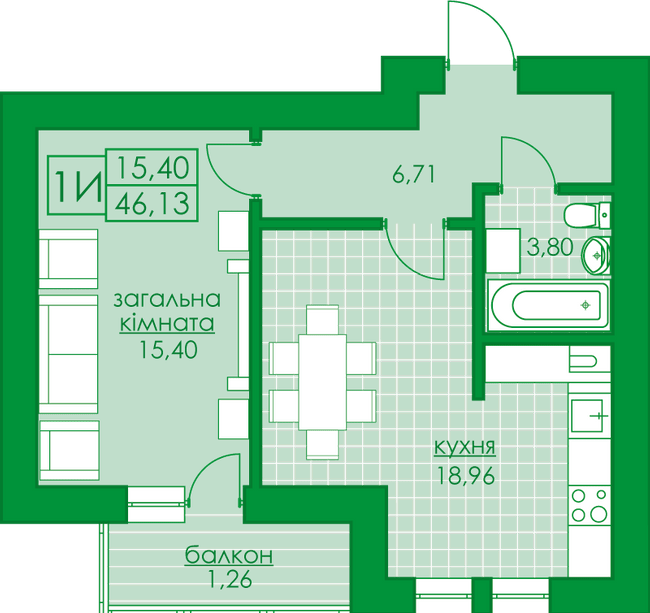 1-комнатная 46.13 м² в ЖК Киевский от 21 000 грн/м², г. Буча