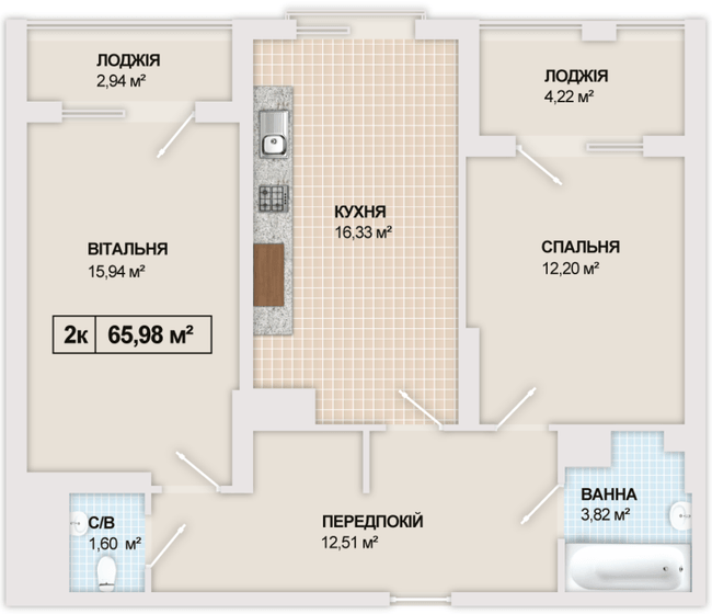 2-комнатная 65.98 м² в ЖК Sonata от 16 300 грн/м², Ивано-Франковск