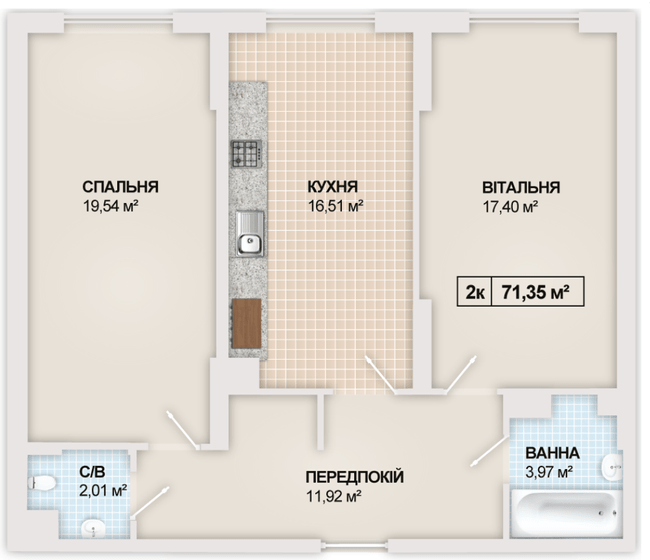 2-комнатная 71.35 м² в ЖК Sonata от 16 300 грн/м², Ивано-Франковск