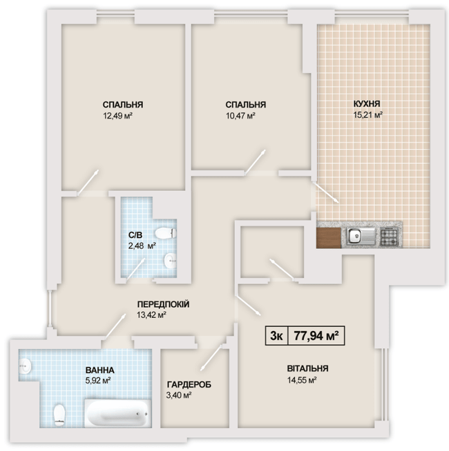 3-кімнатна 77.94 м² в ЖК Sonata від 16 300 грн/м², Івано-Франківськ