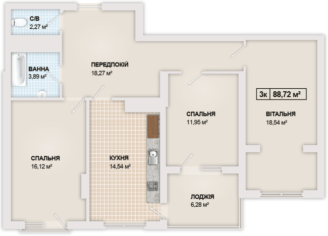 3-кімнатна 88.72 м² в ЖК Sonata від 16 300 грн/м², Івано-Франківськ