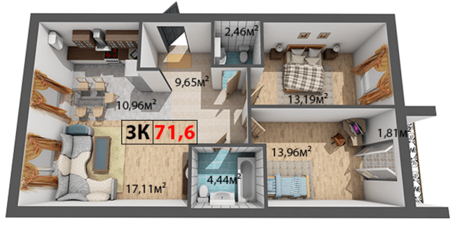 3-комнатная 71.6 м² в ЖК Квартал Венский от 14 200 грн/м², Ивано-Франковск