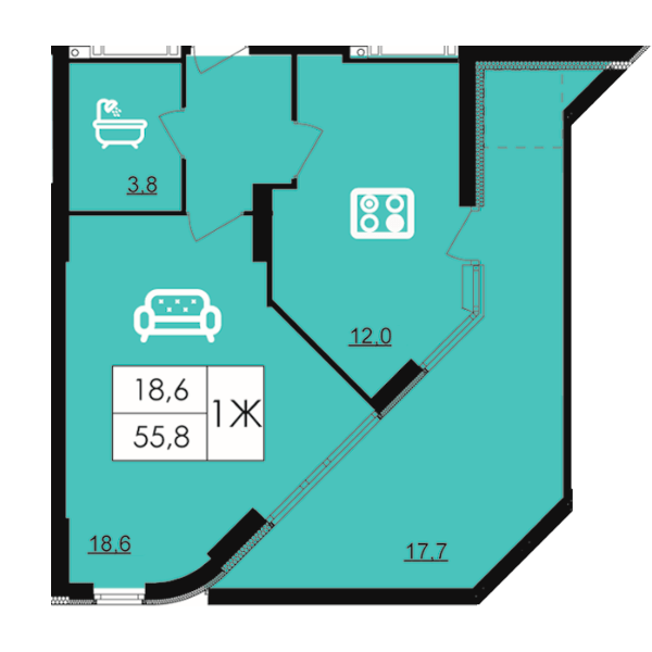 1-комнатная 55.8 м² в ЖК Лесопарковый от 22 200 грн/м², Винница