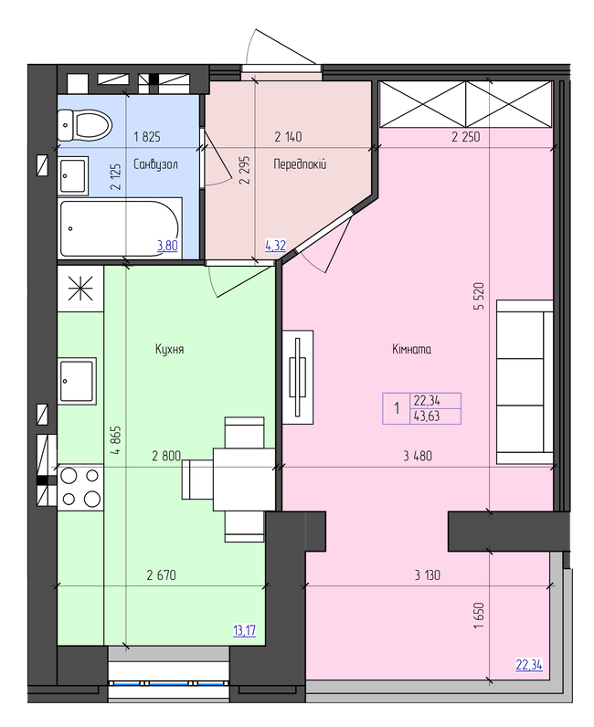 1-кімнатна 43.63 м² в ЖК Атлант від 14 300 грн/м², Луцьк