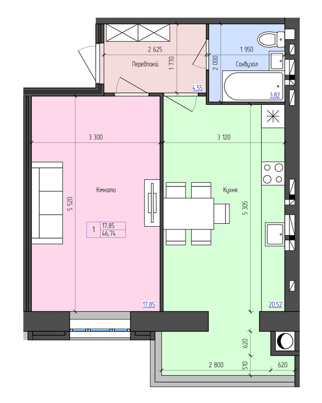 1-кімнатна 46.74 м² в ЖК Атлант від 14 300 грн/м², Луцьк