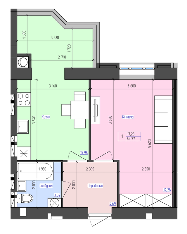 1-комнатная 43.77 м² в ЖК Атлант от 14 300 грн/м², Луцк