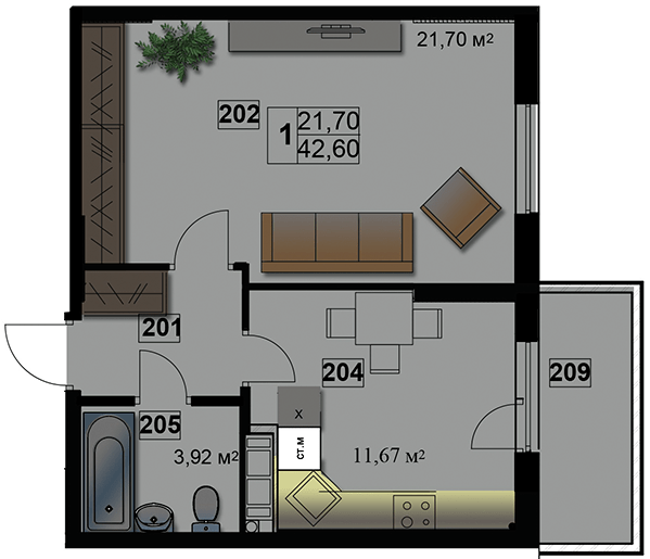 1-кімнатна 42.6 м² в ЖК Абрикос від 14 500 грн/м², Житомир