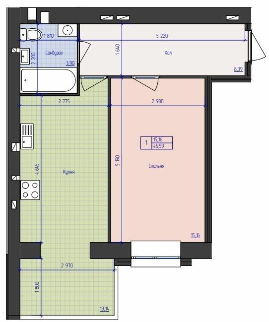 1-кімнатна 46.59 м² в ЖК Преміум Парк від 18 500 грн/м², Житомир