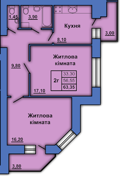 2-кімнатна 63.35 м² в ЖК на вул. Степового Фронту, 20 від 24 000 грн/м², Полтава