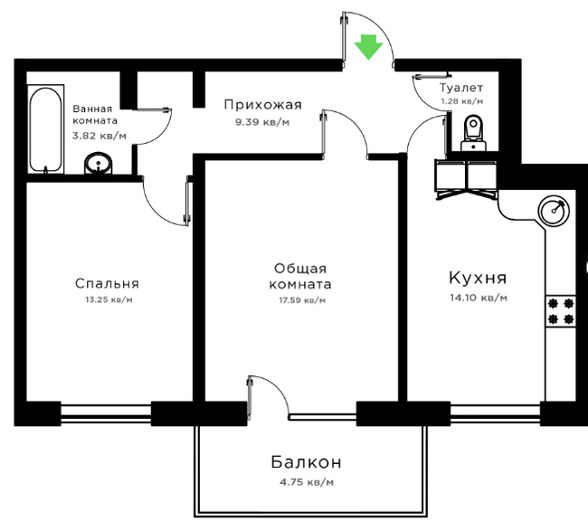 2-комнатная 64.18 м² в ЖК Радужный от 17 000 грн/м², Херсон