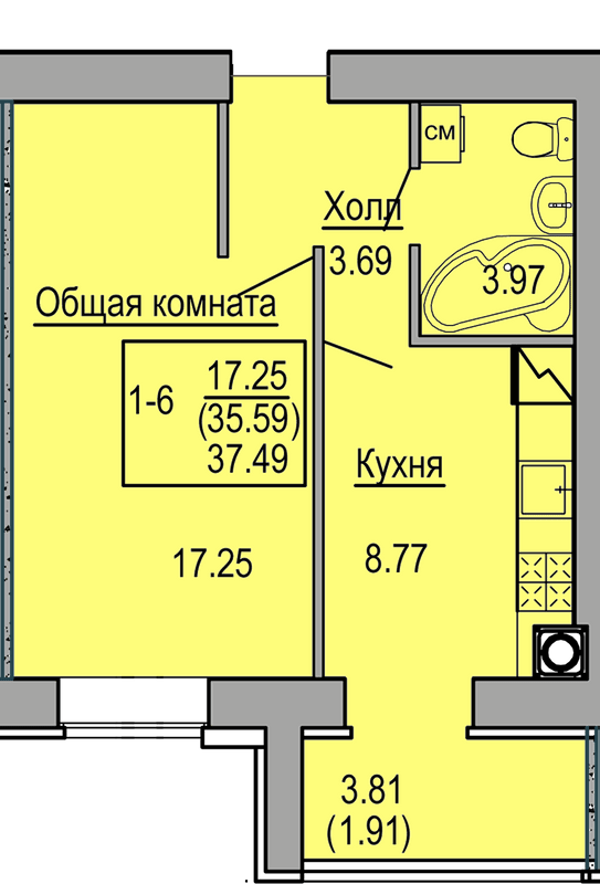 1-комнатная 37.49 м² в ЖК Софиевская сфера от 30 500 грн/м², с. Софиевская Борщаговка