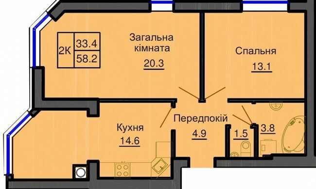 2-комнатная 58.2 м² в ЖК София Резиденс от 33 000 грн/м², с. Софиевская Борщаговка