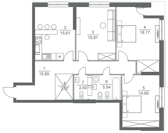 3-комнатная 92.1 м² в ЖК Greenville Park от 49 550 грн/м², Киев