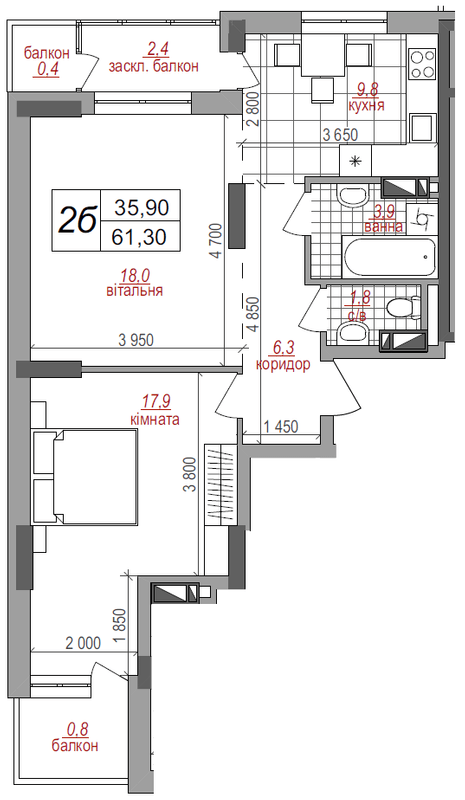 2-комнатная 61.3 м² в ЖК West House от 39 900 грн/м², Киев