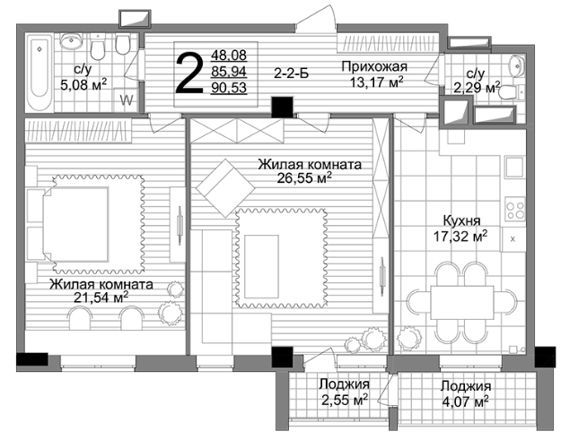 2-комнатная 90.53 м² в ЖК Люксембург от 45 050 грн/м², Харьков