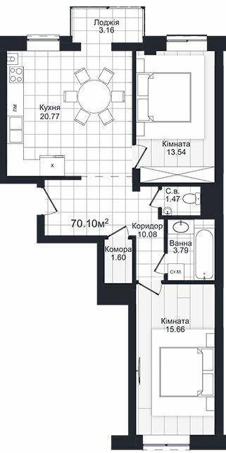 2-комнатная 70.1 м² в ЖК Compass от 23 450 грн/м², Черновцы