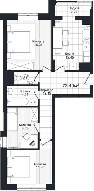 3-комнатная 72.4 м² в ЖК Compass от 24 200 грн/м², Черновцы