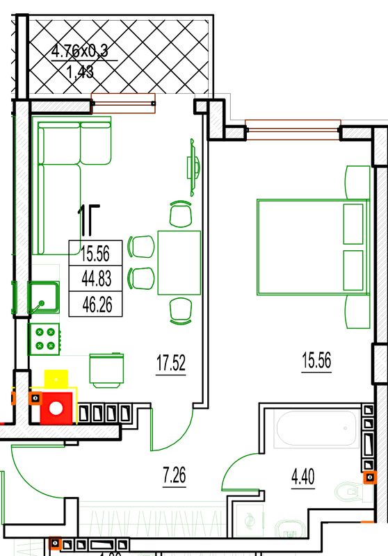 1-кімнатна 46.26 м² в ЖК DERBY Style House від 29 750 грн/м², Одеса