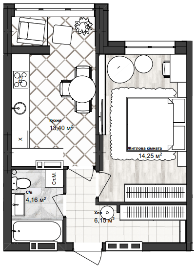 1-кімнатна 37.96 м² в ЖК Sea Town від 19 950 грн/м², Одеса