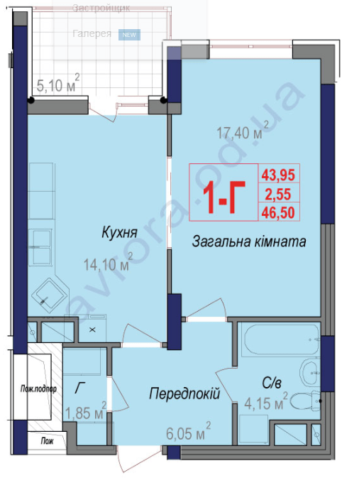 1-кімнатна 46.5 м² в ЖК Аврора від 22 700 грн/м², Одеса