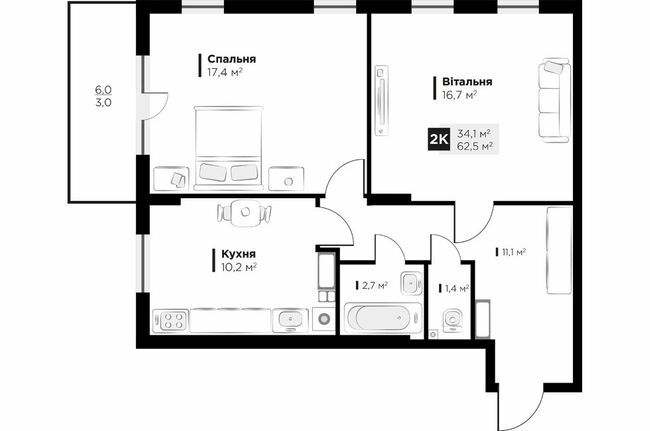 2-комнатная 62.5 м² в ЖК OBRIY3 от 22 400 грн/м², Львов