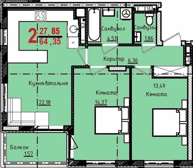 2-комнатная 64.35 м² в ЖК Континент от 25 500 грн/м², с. Сокольники