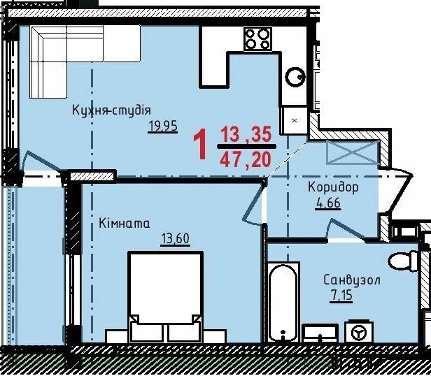 1-комнатная 47.02 м² в ЖК Континент от 24 250 грн/м², с. Сокольники