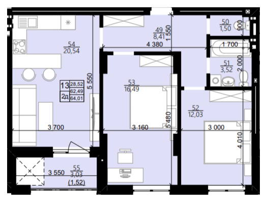 2-кімнатна 64.01 м² в ЖК Світанок від 26 550 грн/м², Львів