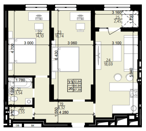 2-кімнатна 67.39 м² в ЖК Світанок від 21 700 грн/м², Львів