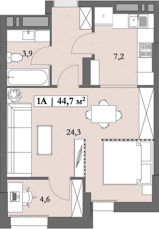 1-комнатная 44.7 м² в ЖК Lagom от 28 750 грн/м², Днепр