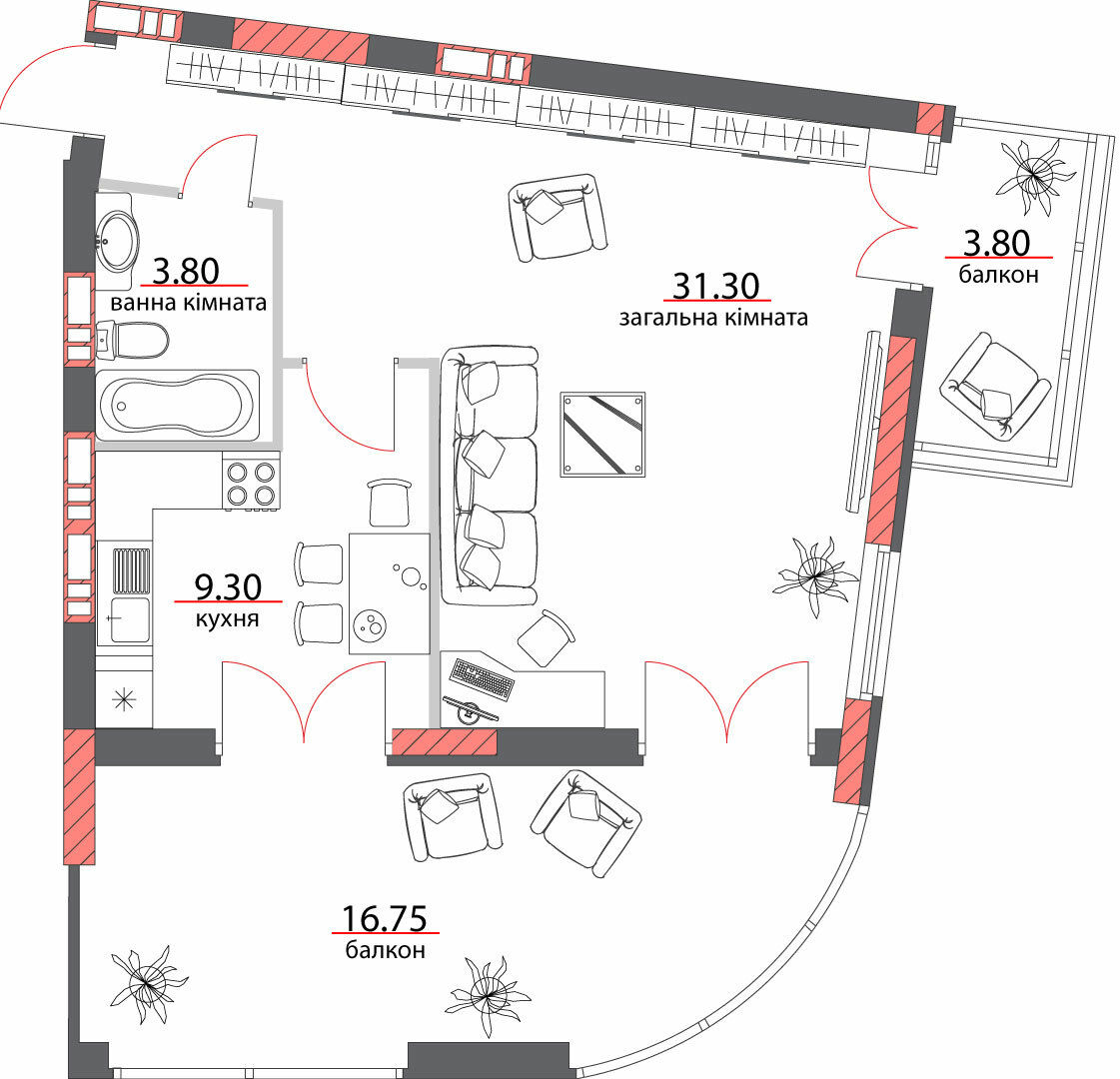 1-комнатная 64.95 м² в ЖК на ул. Шевченко, 96а от 31 550 грн/м², Полтава