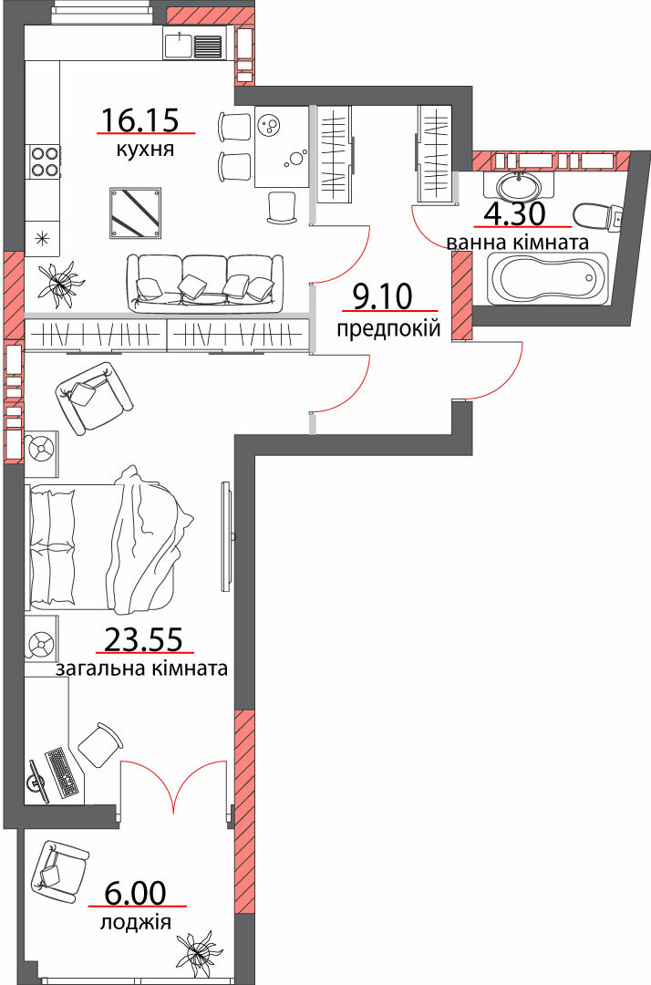 1-комнатная 59.1 м² в ЖК на ул. Шевченко, 96а от 31 550 грн/м², Полтава