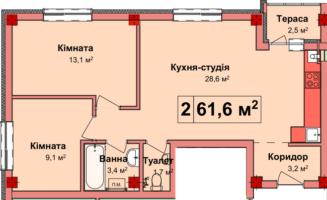 2-комнатная 61.6 м² в КД Карнаухова 58 от 23 050 грн/м², Ровно