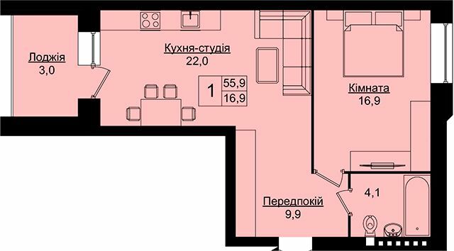 1-кімнатна 55.9 м² в ЖК Затишний дім від 15 500 грн/м², Тернопіль