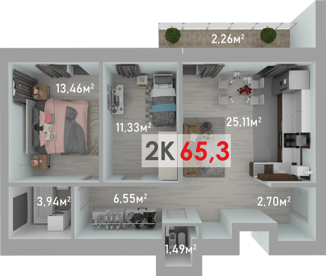 2-комнатная 65.3 м² в ЖК Квартал Краковский от 13 300 грн/м², с. Волчинец