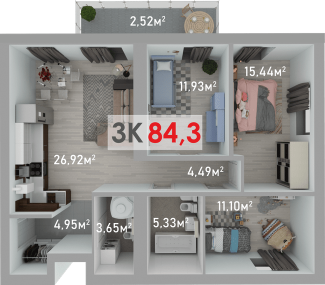 3-кімнатна 84.3 м² в ЖК Квартал Краківський від 13 300 грн/м², с. Вовчинець