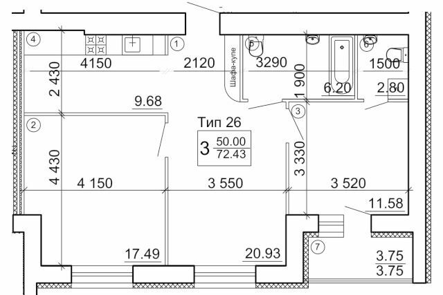 3-комнатная 72.43 м² в Мкрн Академический от 15 800 грн/м², Винница