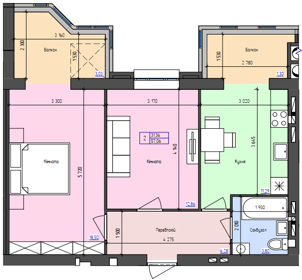 2-комнатная 57.06 м² в ЖК Атлант от 17 500 грн/м², Луцк