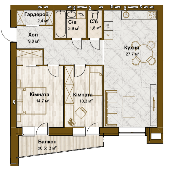 2-комнатная 73.6 м² в ЖК Традиция от 16 750 грн/м², с. Змиенец