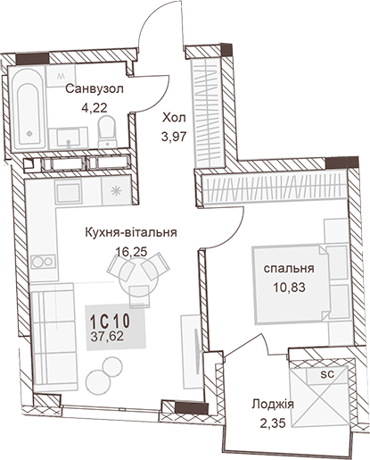 1-комнатная 37.62 м² в ЖК Pokrovsky Apart Complex от 27 500 грн/м², Ровно