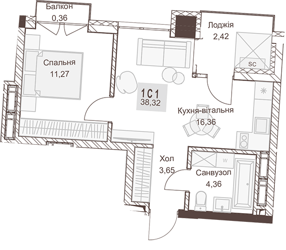 1-кімнатна 38.32 м² в ЖК Pokrovsky Apart Complex від 31 550 грн/м², Рівне