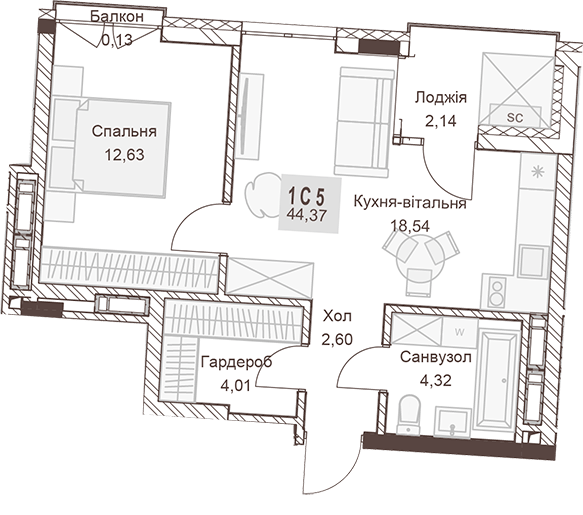 1-кімнатна 44.37 м² в ЖК Pokrovsky Apart Complex від 31 550 грн/м², Рівне