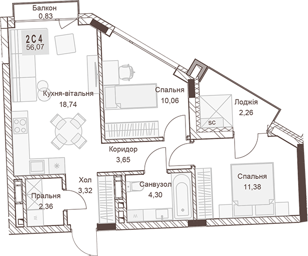 2-кімнатна 56.07 м² в ЖК Pokrovsky Apart Complex від 31 550 грн/м², Рівне