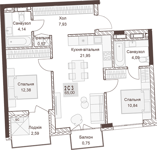 2-комнатная 65 м² в ЖК Pokrovsky Apart Complex от 31 550 грн/м², Ровно