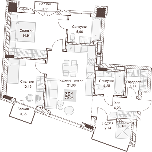 2-комнатная 70.25 м² в ЖК Pokrovsky Apart Complex от 31 550 грн/м², Ровно