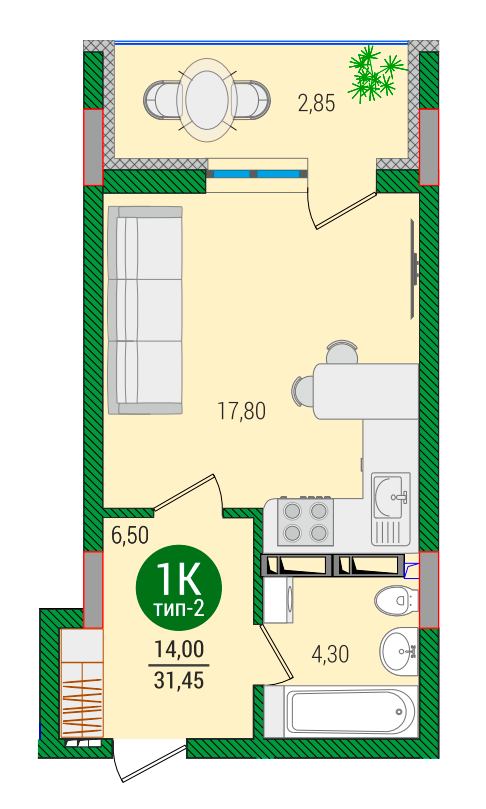 1-комнатная 31.42 м² в ЖК Q-smart от 22 990 грн/м², Киев