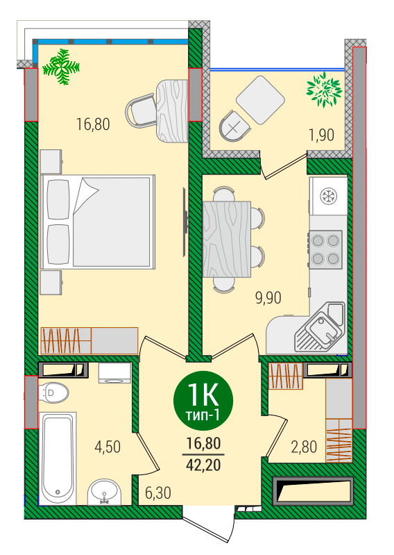 1-комнатная 42.2 м² в ЖК Q-smart от 22 990 грн/м², Киев